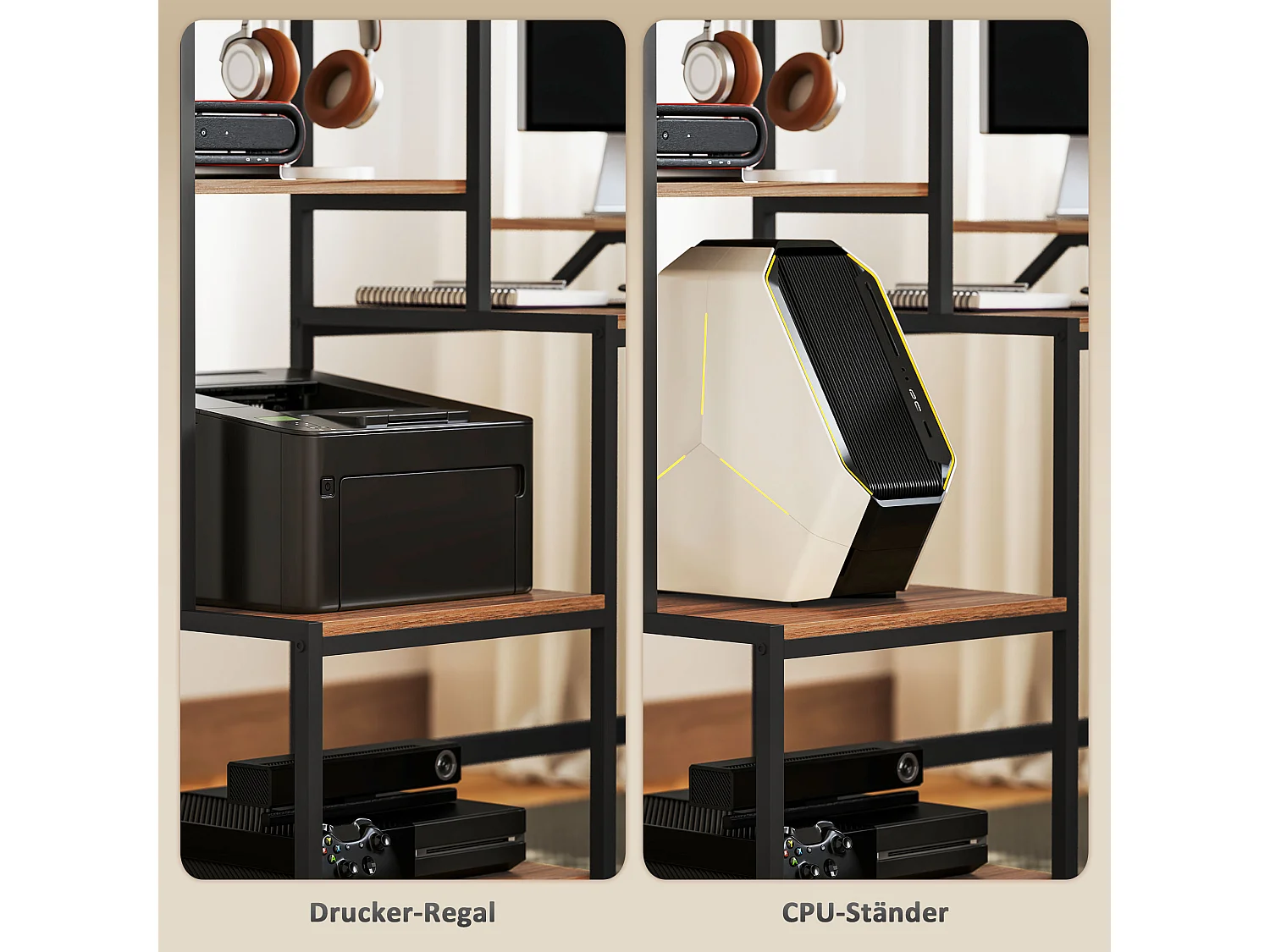 Bureau informatique avec étagères, support pour écran, tiroir et support pour imprimante, MDF, brun (150x48x125 cm)