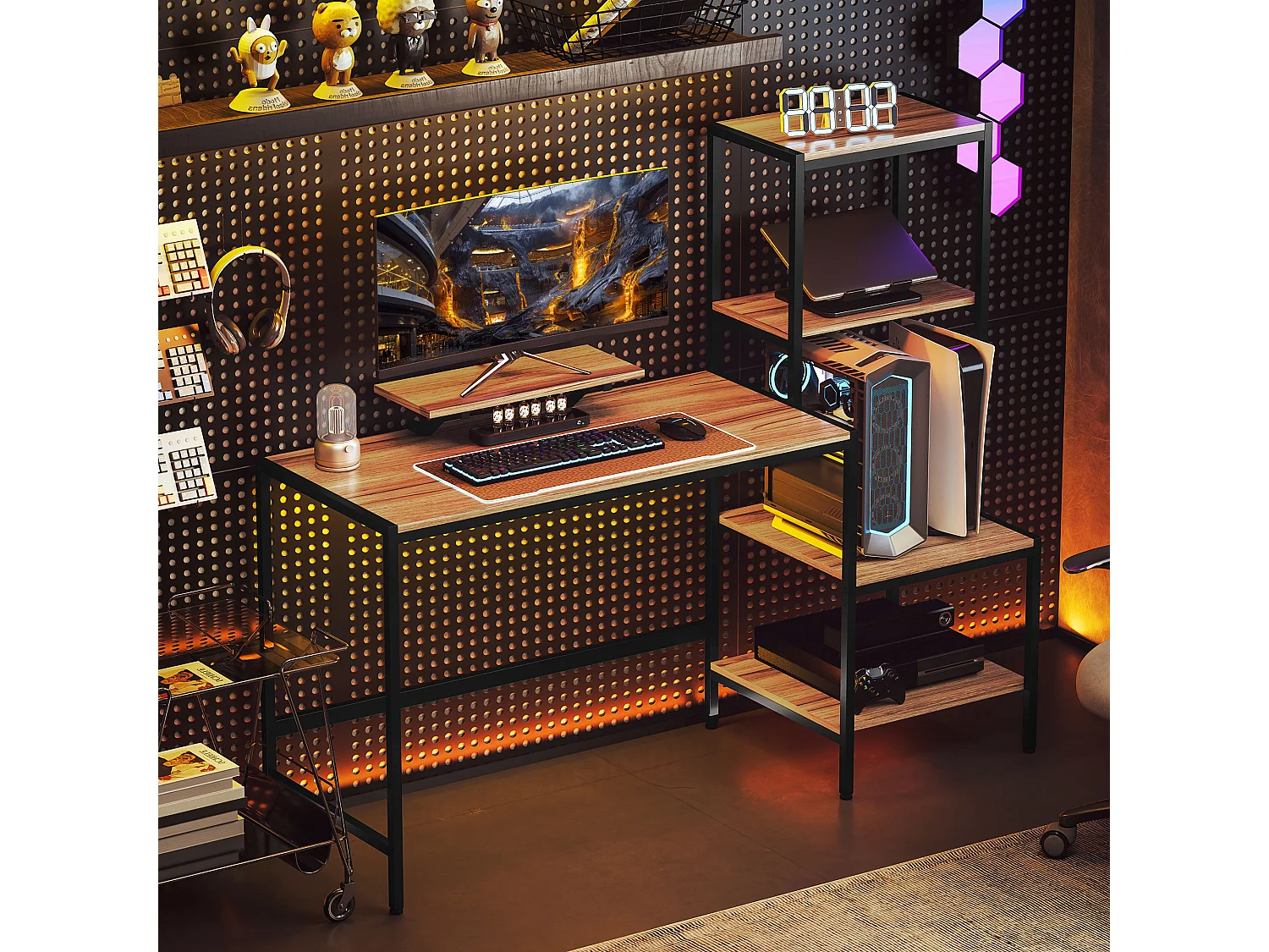 Bureau informatique avec étagères, support pour écran, tiroir et support pour imprimante, MDF, brun (150x48x125 cm)