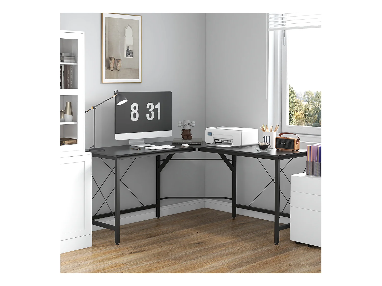 Bureau d'angle L-forme, avec étagère, métal et MDF, noir (150x150x76.5 cm)