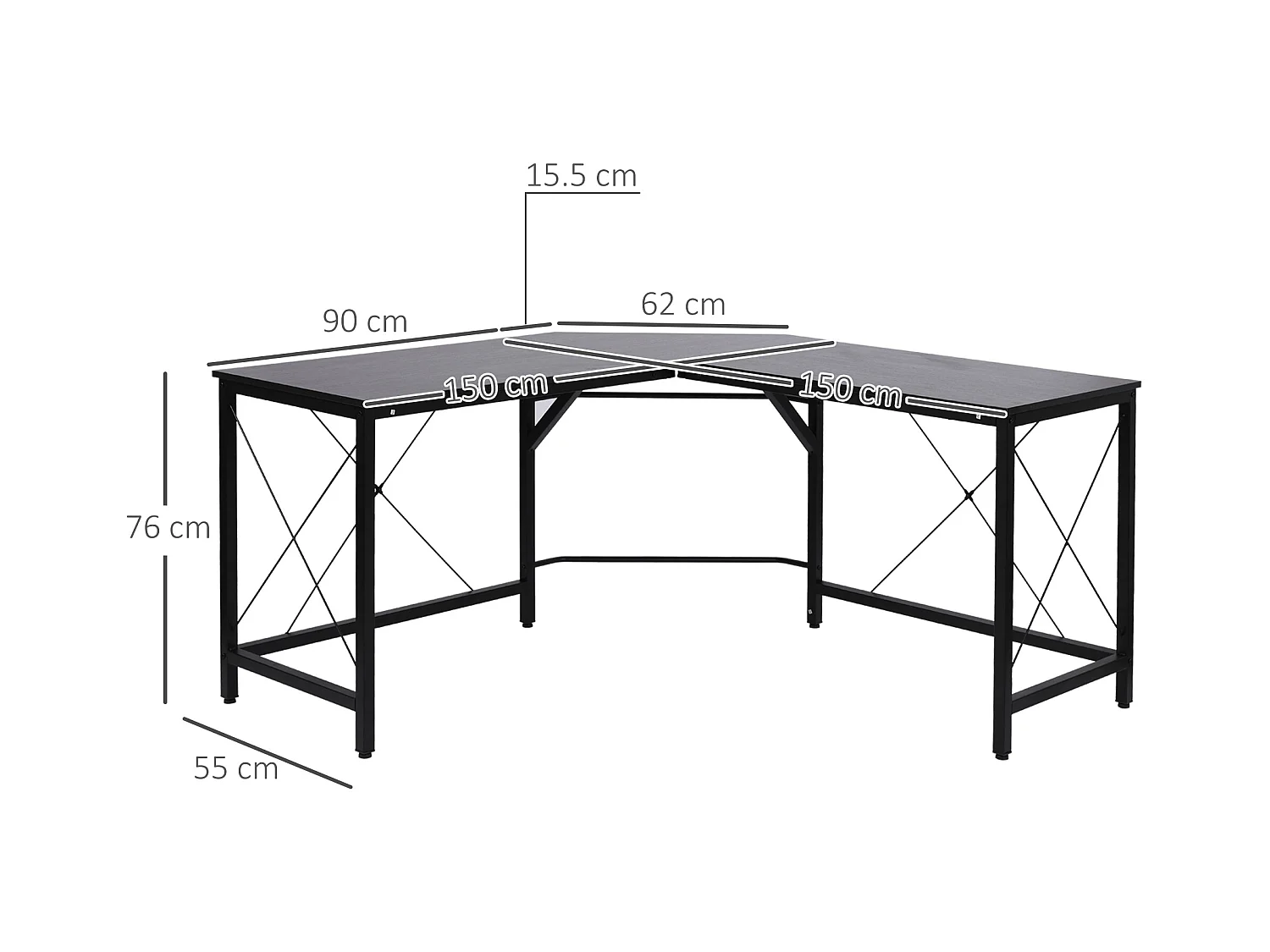 Bureau d'angle L-forme, avec étagère, métal et MDF, noir (150x150x76.5 cm)