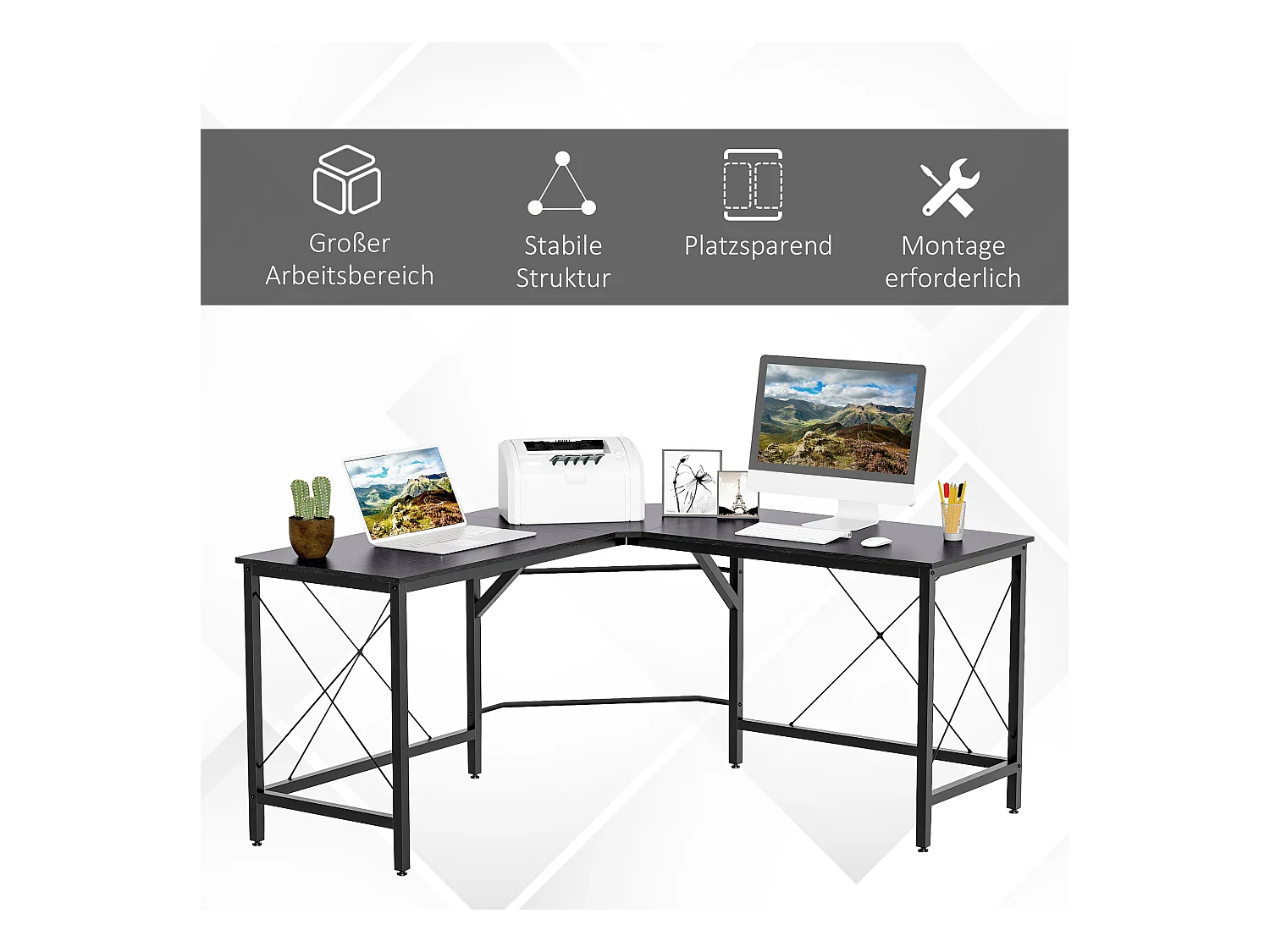 Bureau d'angle L-forme, avec étagère, métal et MDF, noir (150x150x76.5 cm)