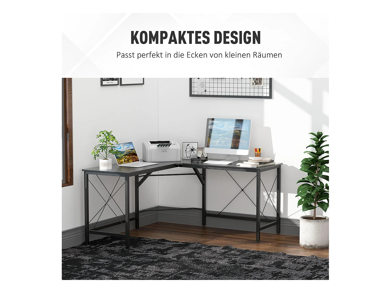 Bureau d'angle L-forme, avec étagère, métal et MDF, noir (150x150x76.5 cm)