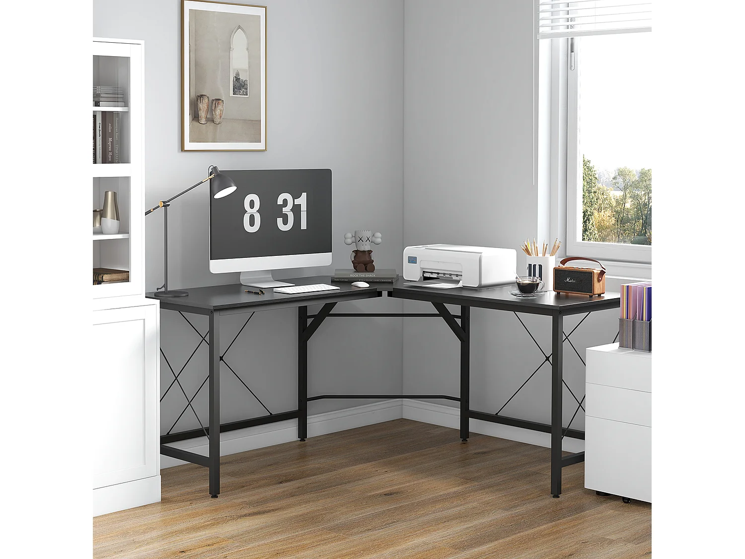 Bureau d'angle L-forme, avec étagère, métal et MDF, noir (150x150x76.5 cm)