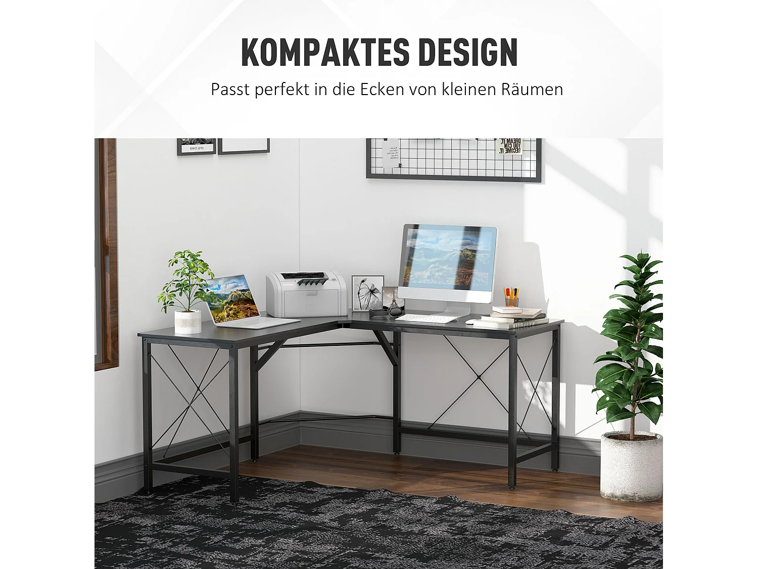 Bureau d'angle L-forme, avec étagère, métal et MDF, noir (150x150x76.5 cm)