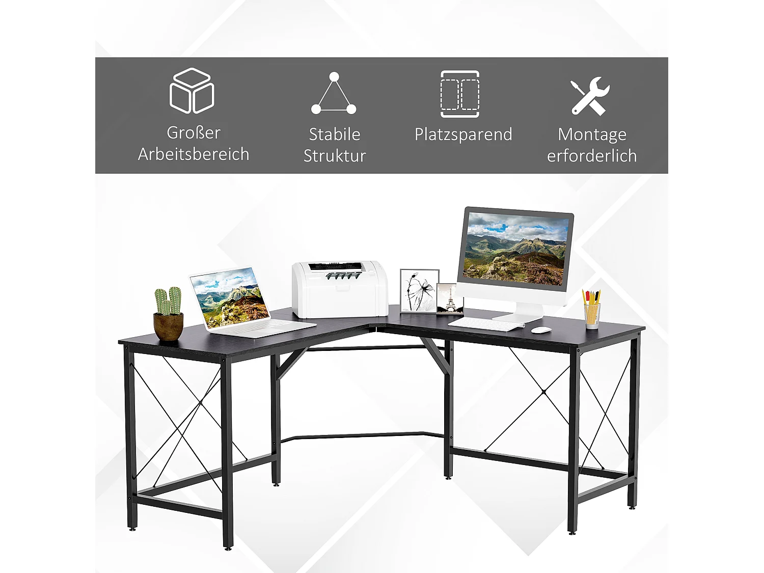 Bureau d'angle L-forme, avec étagère, métal et MDF, noir (150x150x76.5 cm)