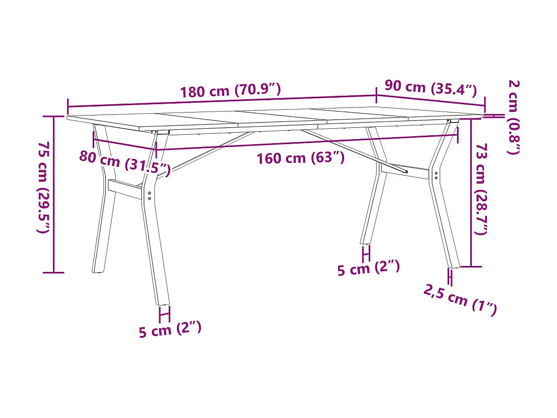 Mesa de comedor con estructura en Y 180x90x75 cm madera maciza de pino acero