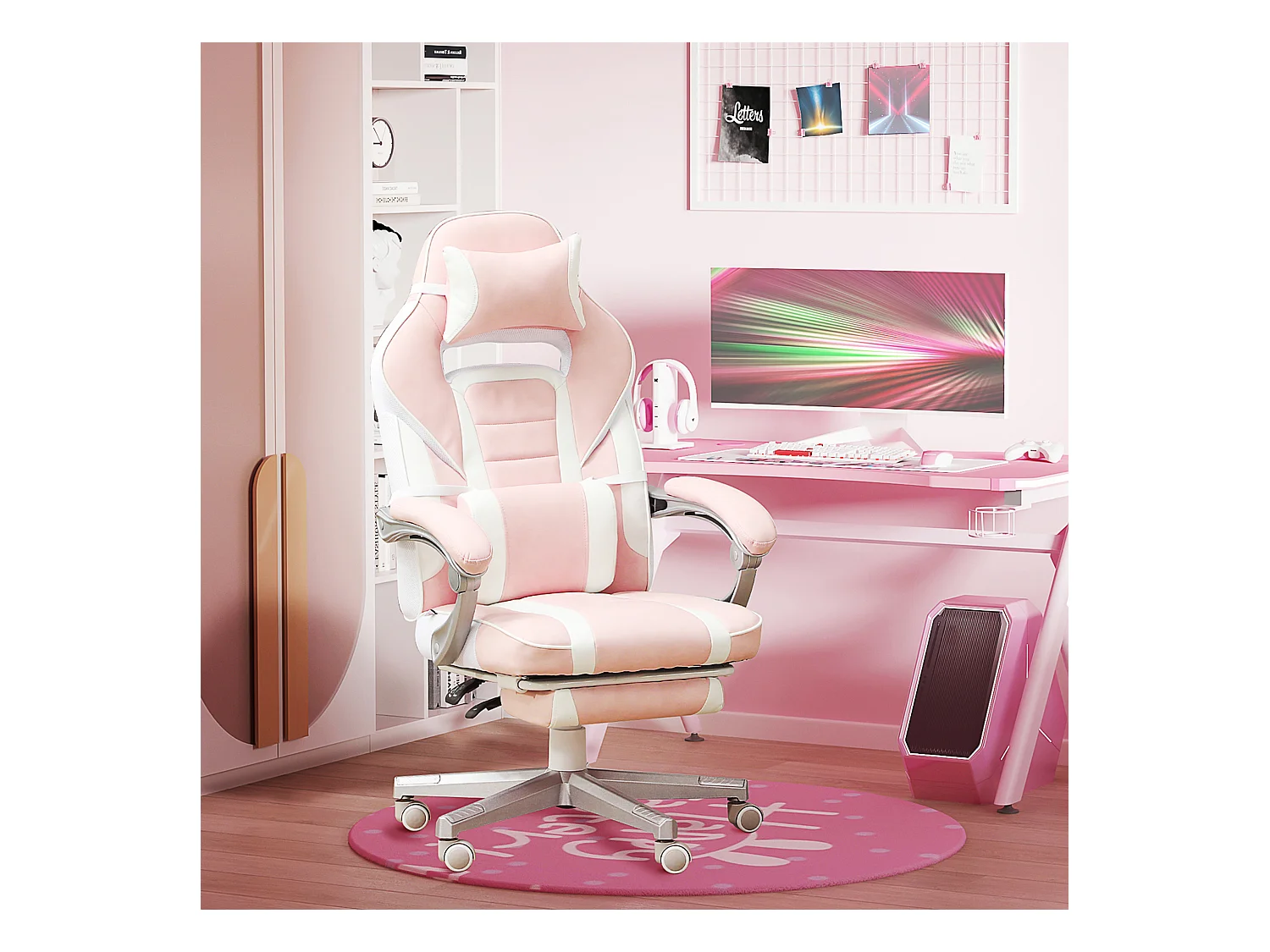 Fauteuil gaming avec repose-pieds, hauteur réglable, cuir synthétique, rose (63x63x123 cm)