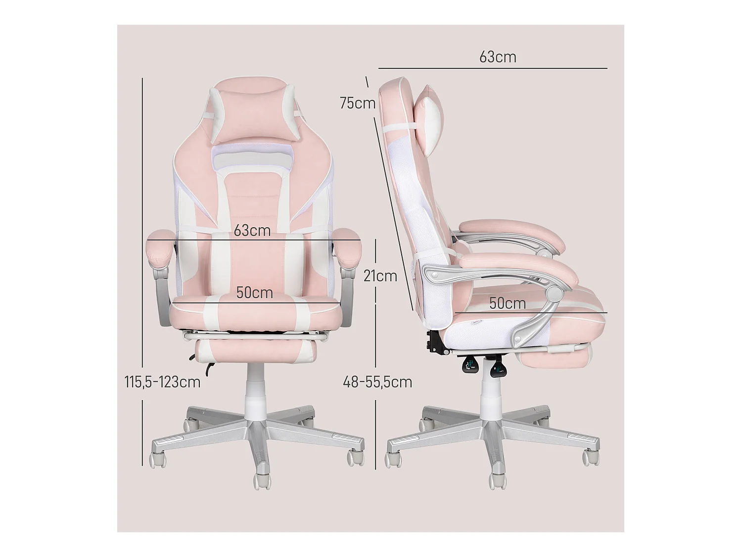 Fauteuil gaming avec repose-pieds, hauteur réglable, cuir synthétique, rose (63x63x123 cm)