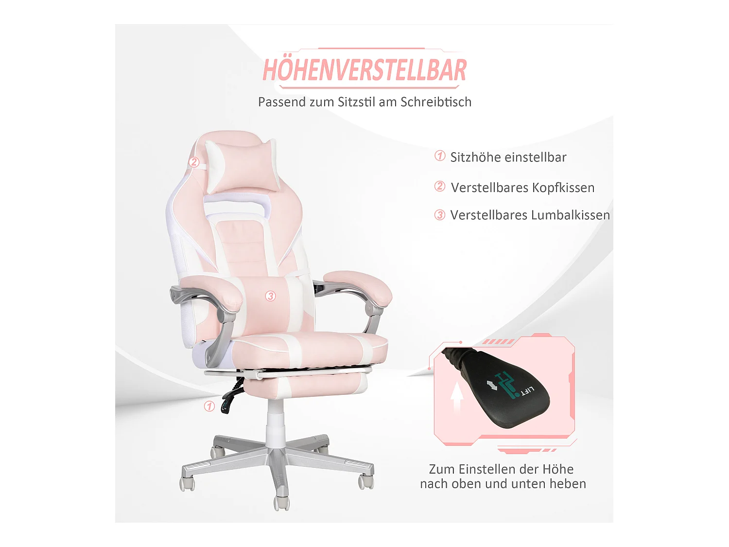 Fauteuil gaming avec repose-pieds, hauteur réglable, cuir synthétique, rose (63x63x123 cm)