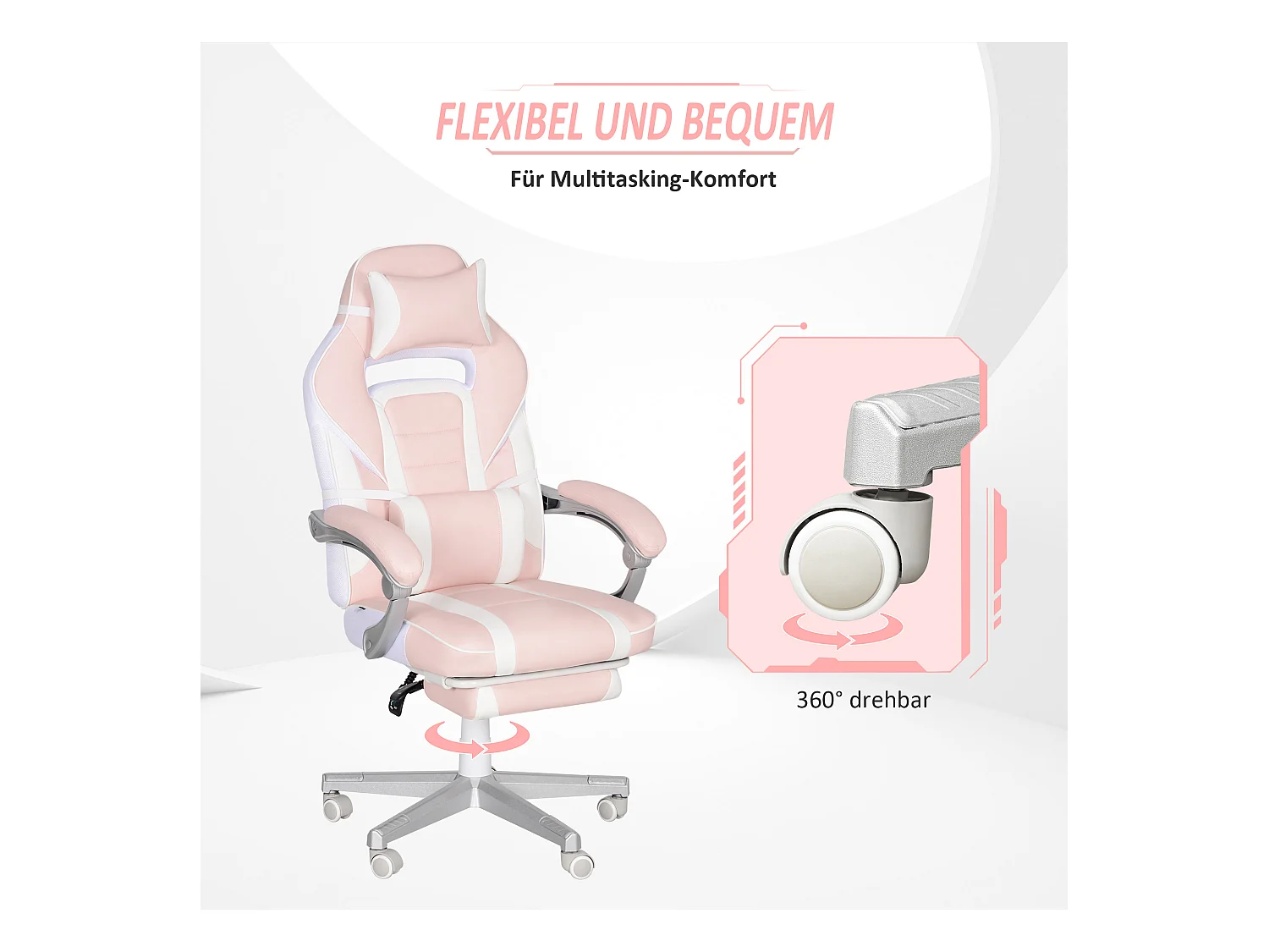 Fauteuil gaming avec repose-pieds, hauteur réglable, cuir synthétique, rose (63x63x123 cm)