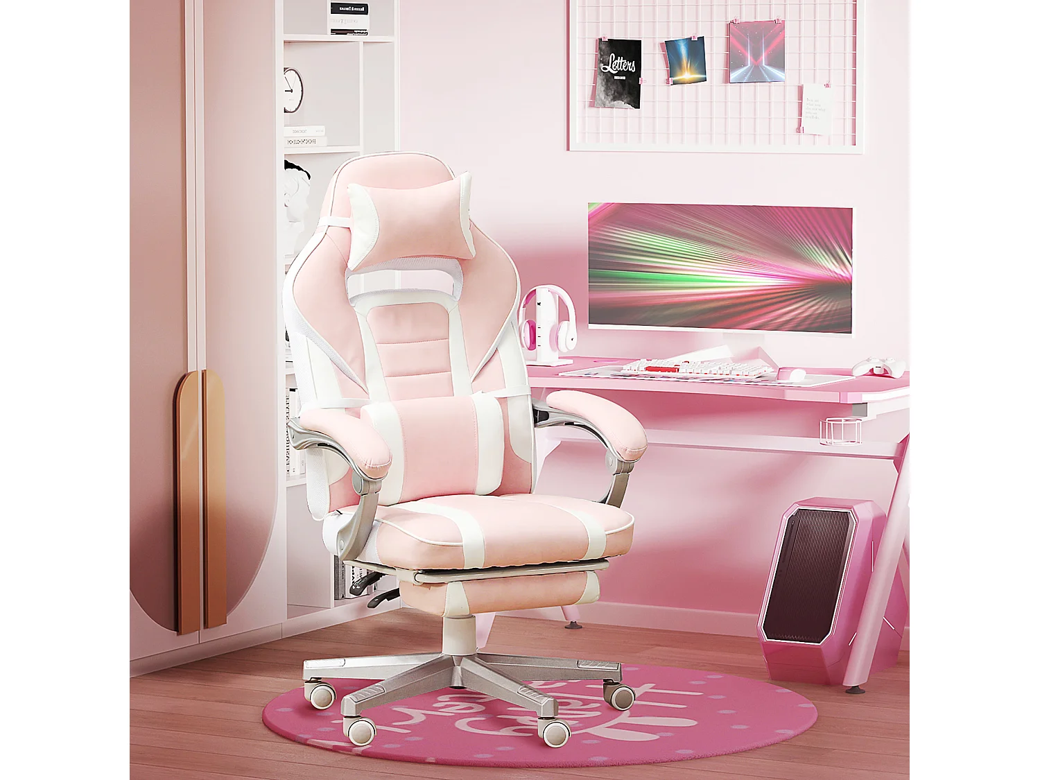 Fauteuil gaming avec repose-pieds, hauteur réglable, cuir synthétique, rose (63x63x123 cm)