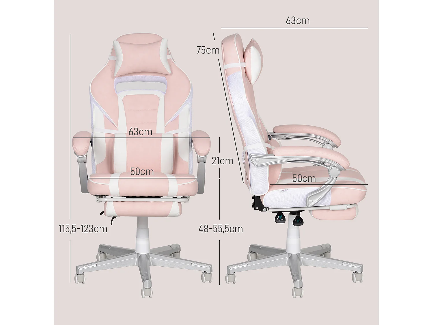 Fauteuil gaming avec repose-pieds, hauteur réglable, cuir synthétique, rose (63x63x123 cm)