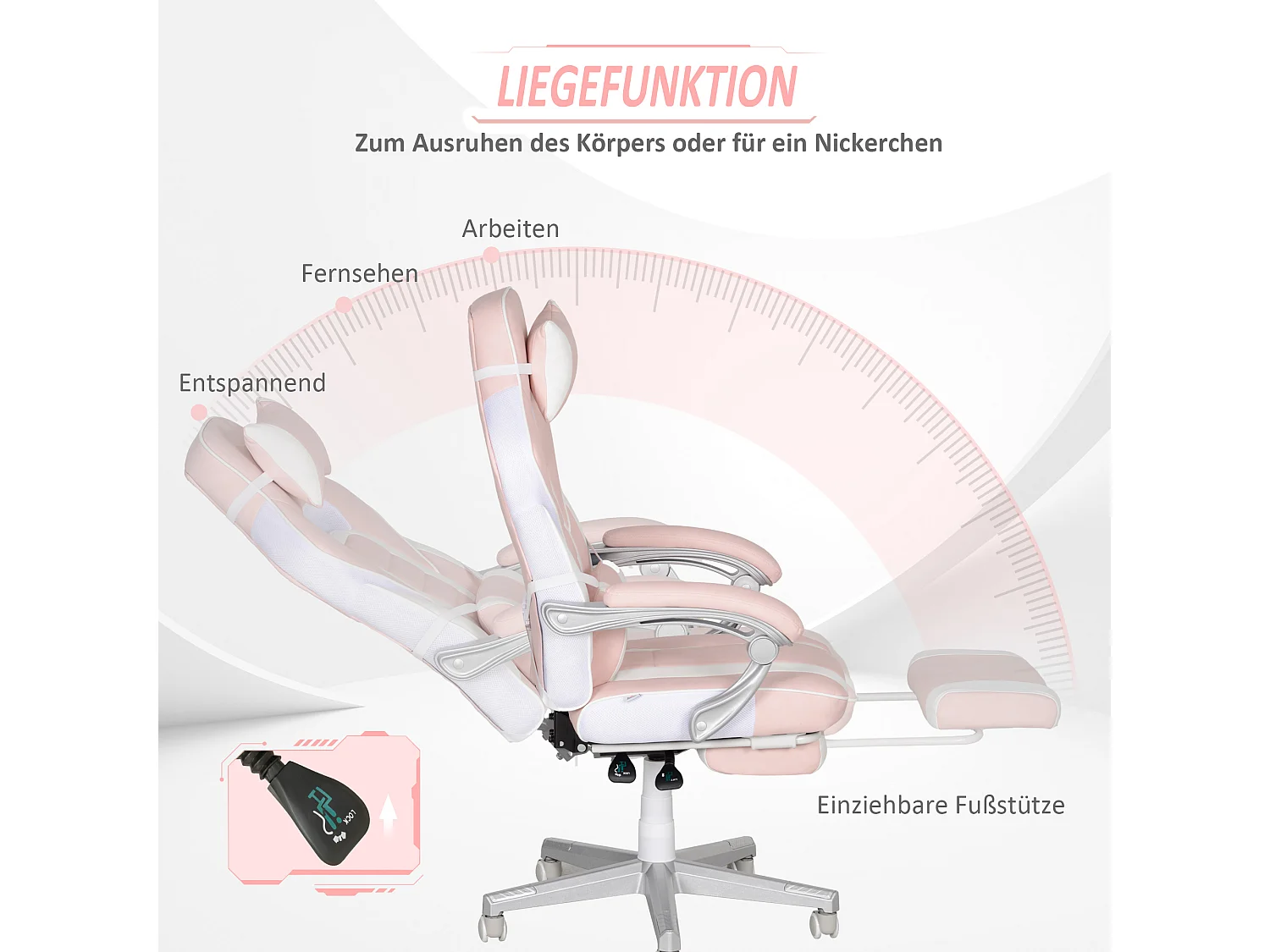 Fauteuil gaming avec repose-pieds, hauteur réglable, cuir synthétique, rose (63x63x123 cm)