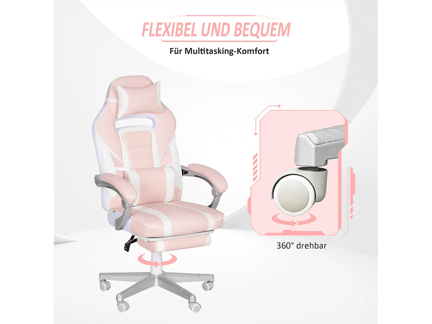 Fauteuil gaming avec repose-pieds, hauteur réglable, cuir synthétique, rose (63x63x123 cm)