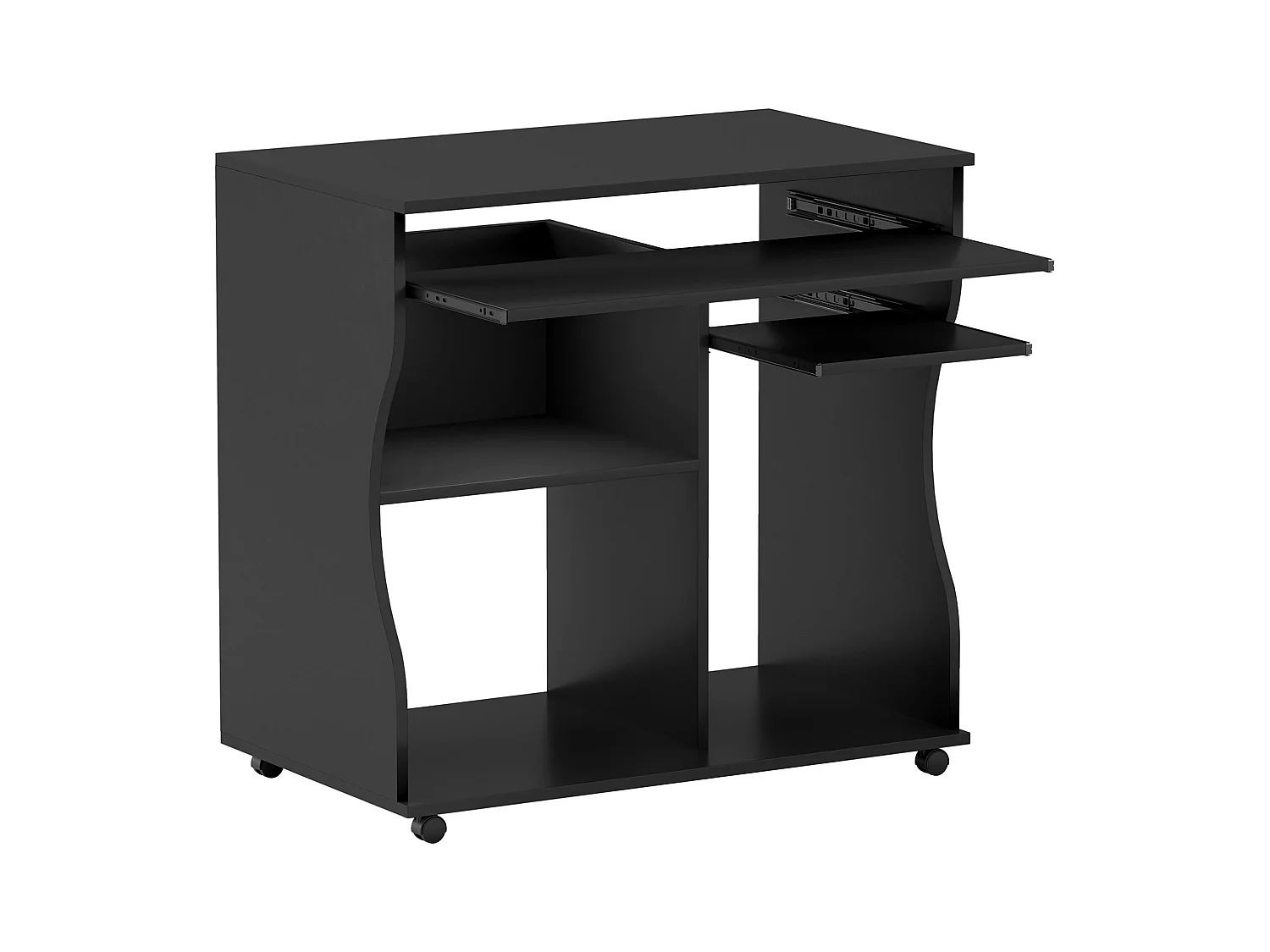 Bureau informatique mobile, avec support pour clavier, 3 étagères, acier, noir (80x48x75 cm)