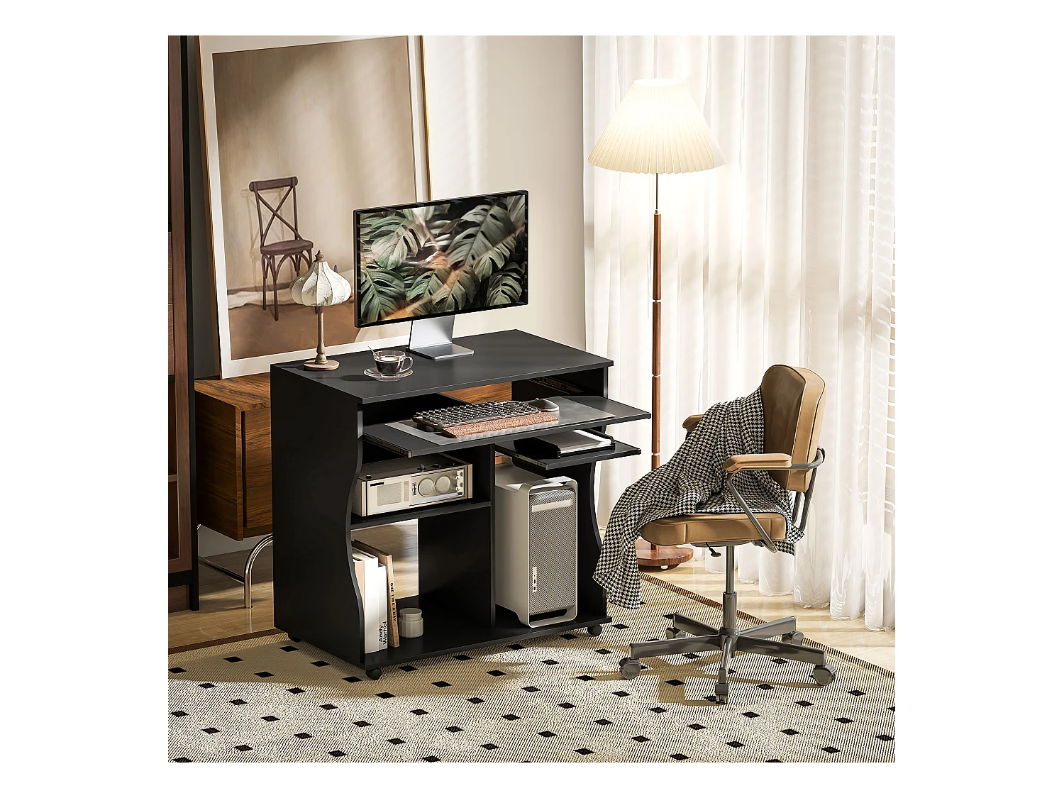 Bureau informatique mobile, avec support pour clavier, 3 étagères, acier, noir (80x48x75 cm)