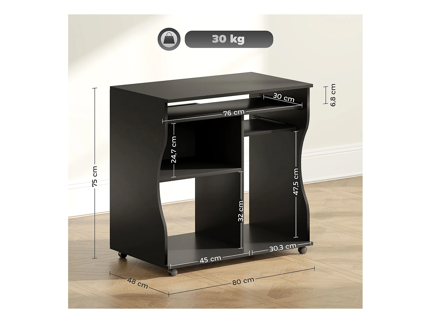 Bureau informatique mobile, avec support pour clavier, 3 étagères, acier, noir (80x48x75 cm)