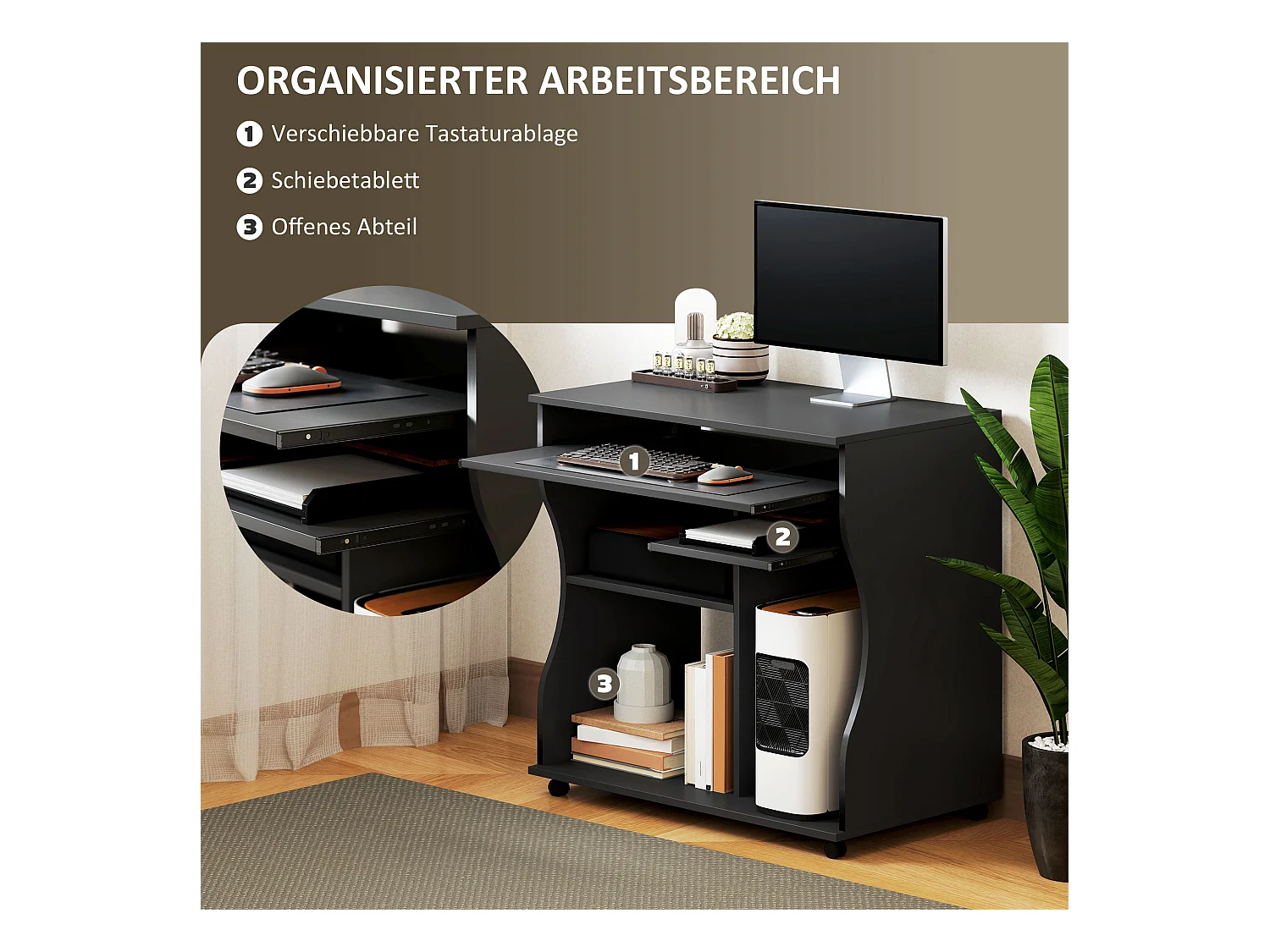 Bureau informatique mobile, avec support pour clavier, 3 étagères, acier, noir (80x48x75 cm)