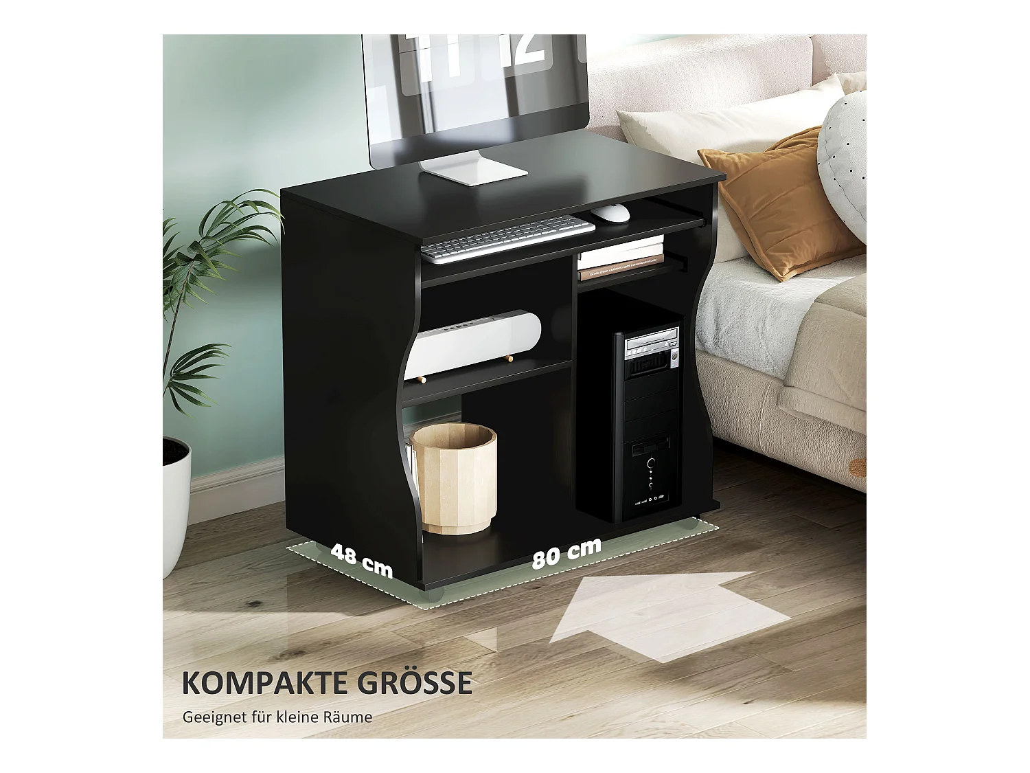 Bureau informatique mobile, avec support pour clavier, 3 étagères, acier, noir (80x48x75 cm)