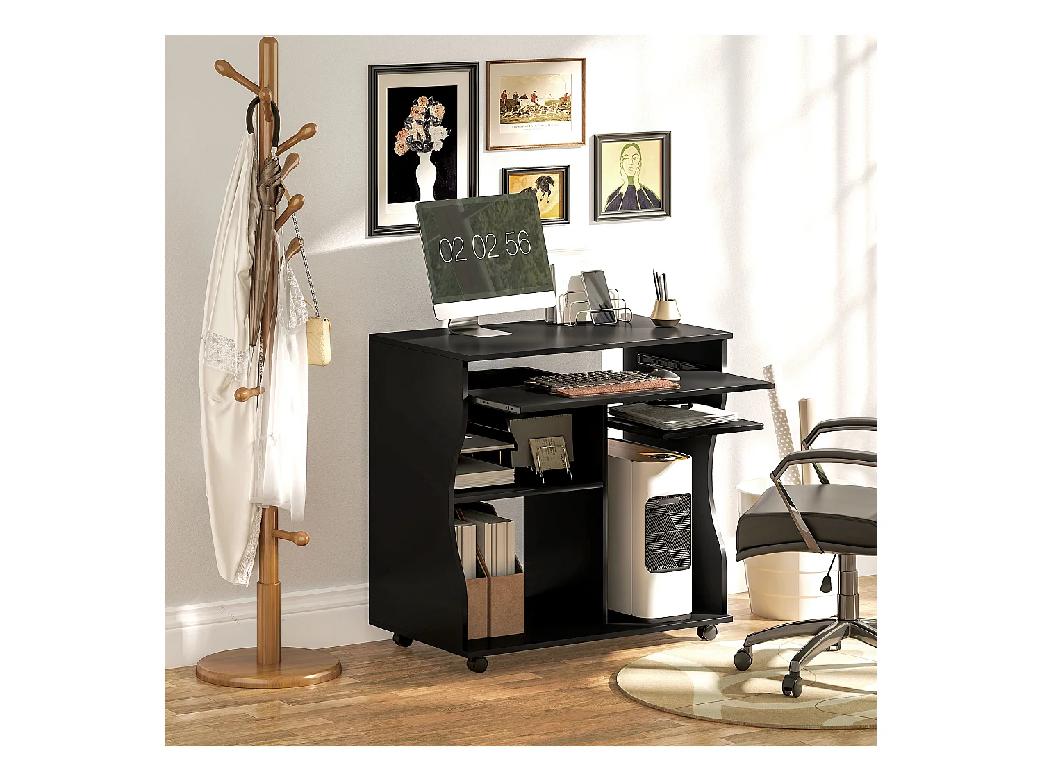 Bureau informatique mobile, avec support pour clavier, 3 étagères, acier, noir (80x48x75 cm)