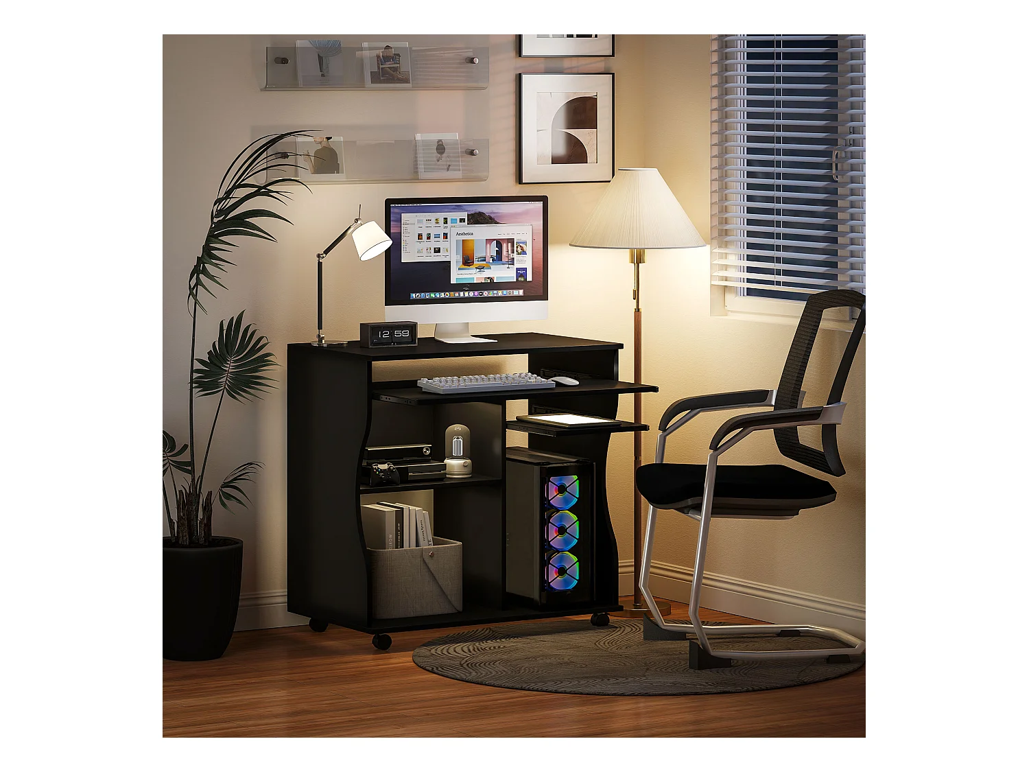 Bureau informatique mobile, avec support pour clavier, 3 étagères, acier, noir (80x48x75 cm)