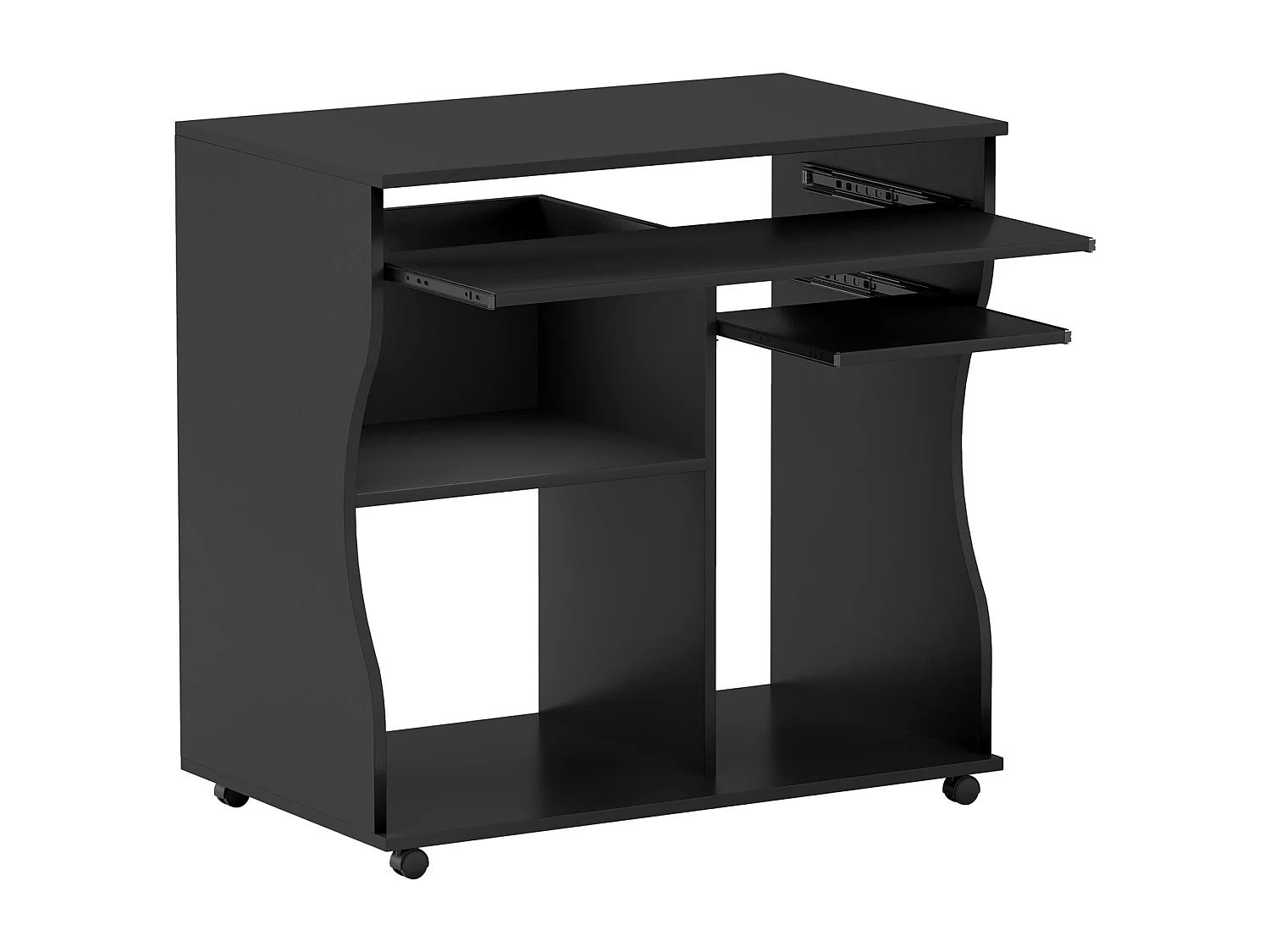 Bureau informatique mobile, avec support pour clavier, 3 étagères, acier, noir (80x48x75 cm)