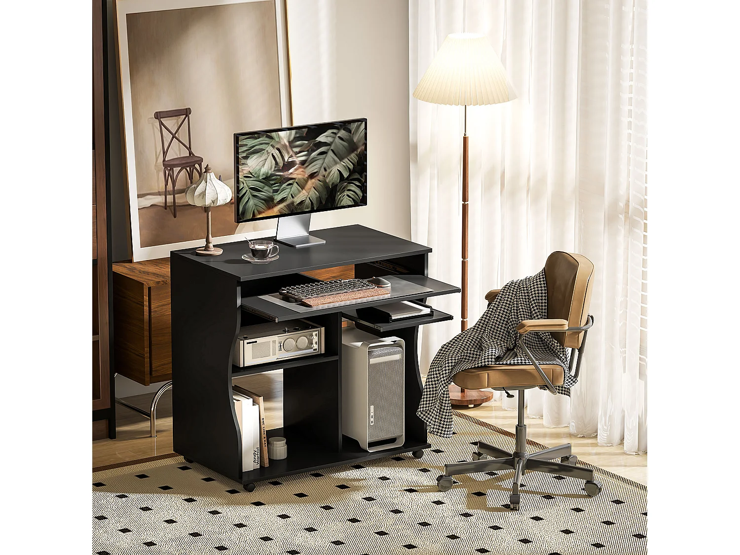 Bureau informatique mobile, avec support pour clavier, 3 étagères, acier, noir (80x48x75 cm)