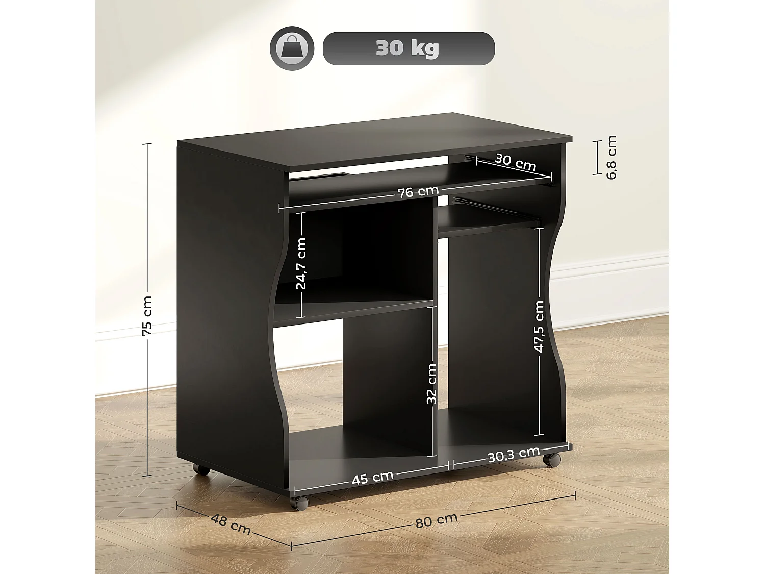 Bureau informatique mobile, avec support pour clavier, 3 étagères, acier, noir (80x48x75 cm)