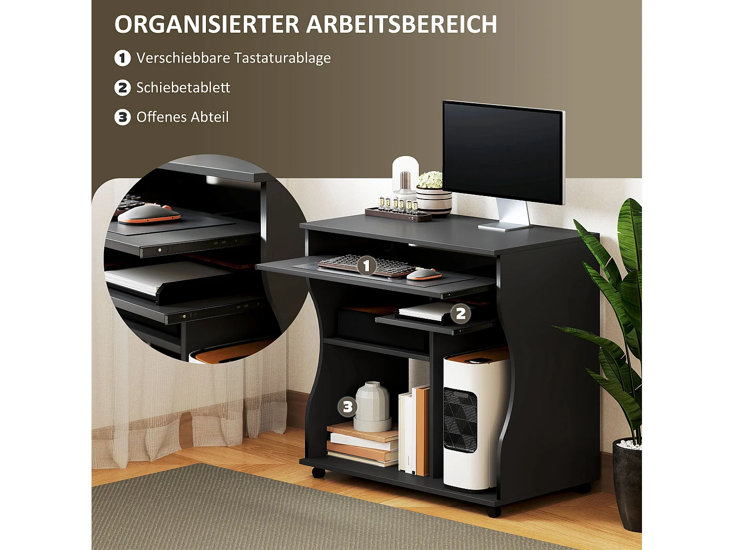 Bureau informatique mobile, avec support pour clavier, 3 étagères, acier, noir (80x48x75 cm)