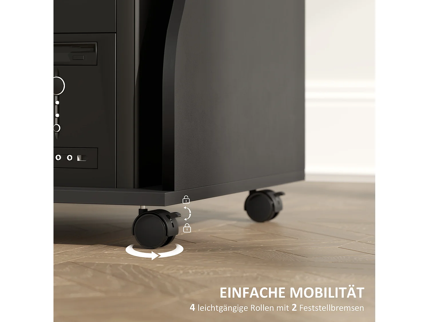 Bureau informatique mobile, avec support pour clavier, 3 étagères, acier, noir (80x48x75 cm)