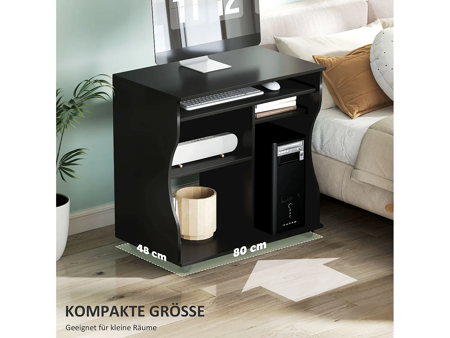 Bureau informatique mobile, avec support pour clavier, 3 étagères, acier, noir (80x48x75 cm)