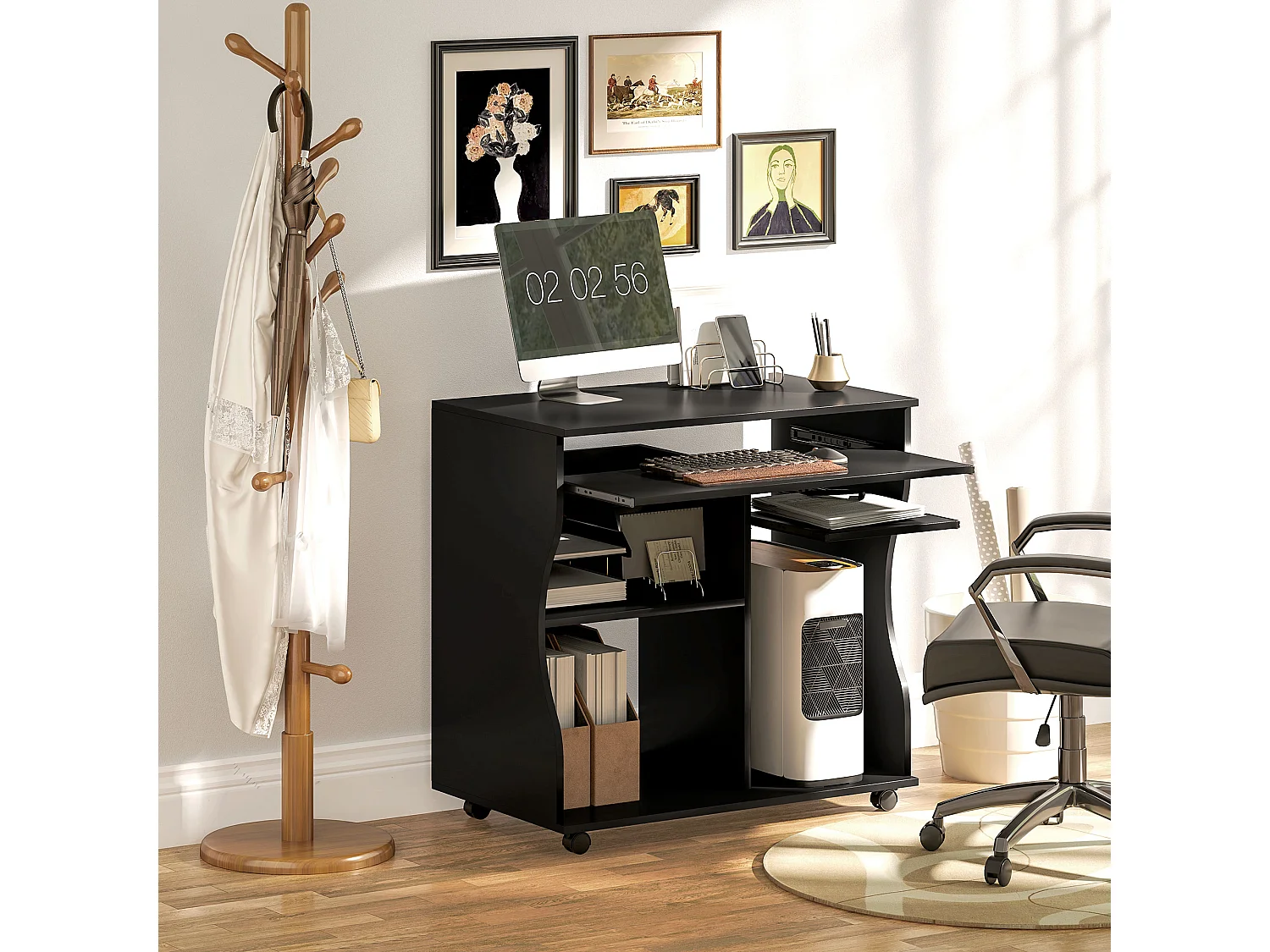 Bureau informatique mobile, avec support pour clavier, 3 étagères, acier, noir (80x48x75 cm)