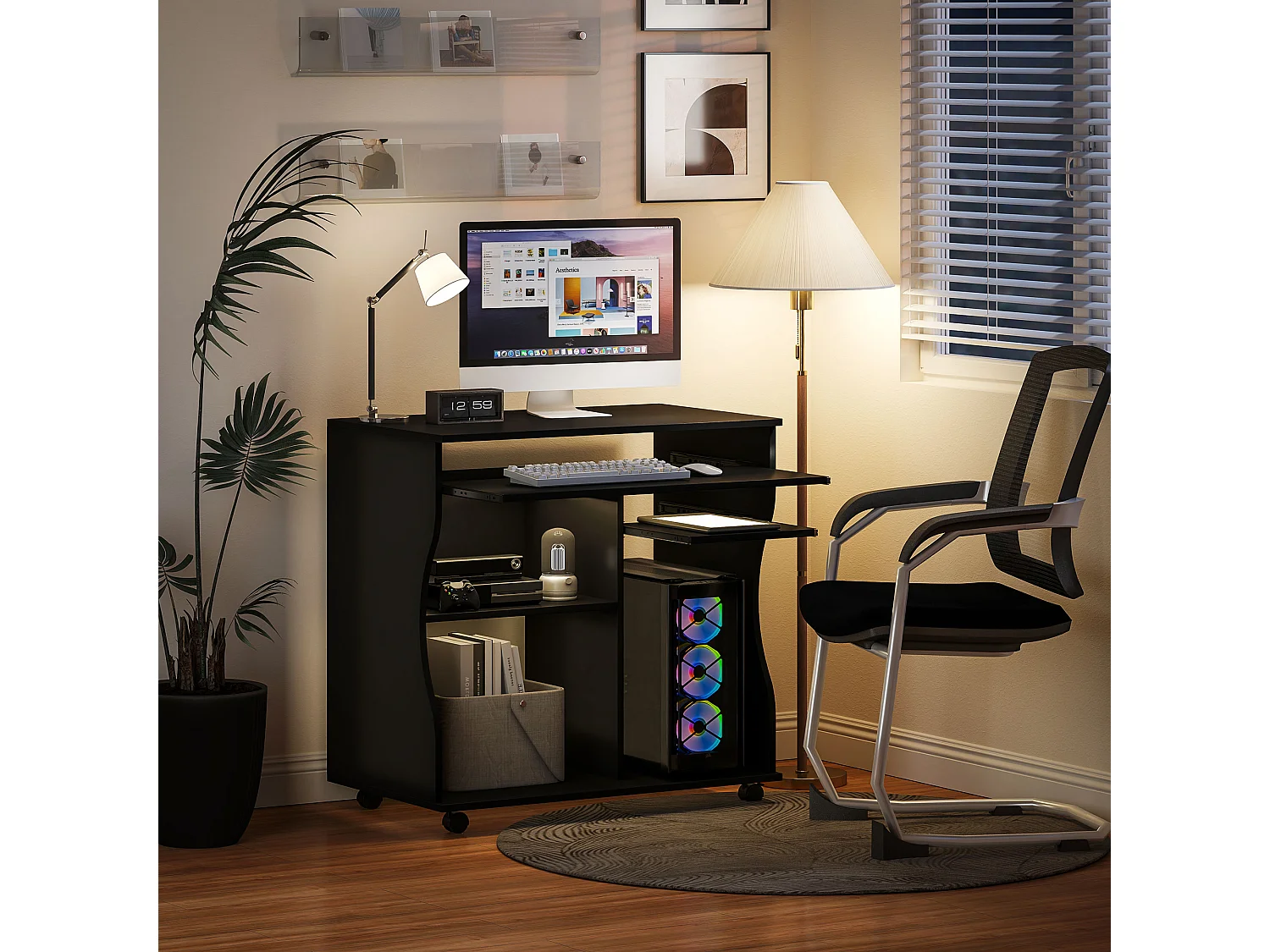 Bureau informatique mobile, avec support pour clavier, 3 étagères, acier, noir (80x48x75 cm)