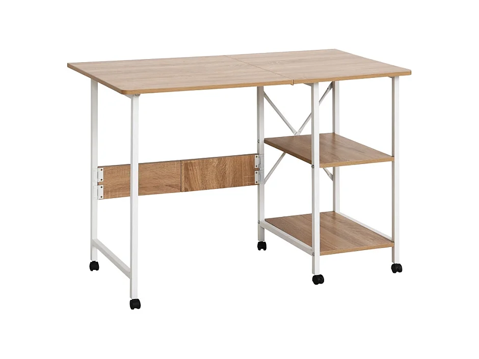 Table pliante mobile, avec étagère, MDF, naturel, 107x55x76 cm, avec roulettes, pour bureau et espace de travail