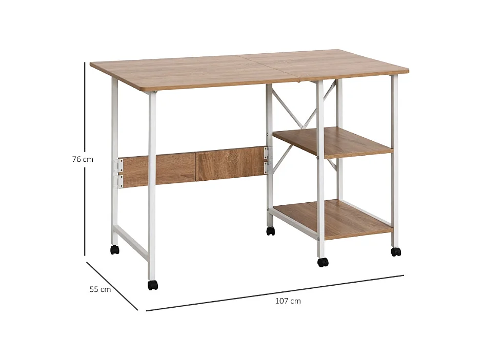 Table pliante mobile, avec étagère, MDF, naturel, 107x55x76 cm, avec roulettes, pour bureau et espace de travail