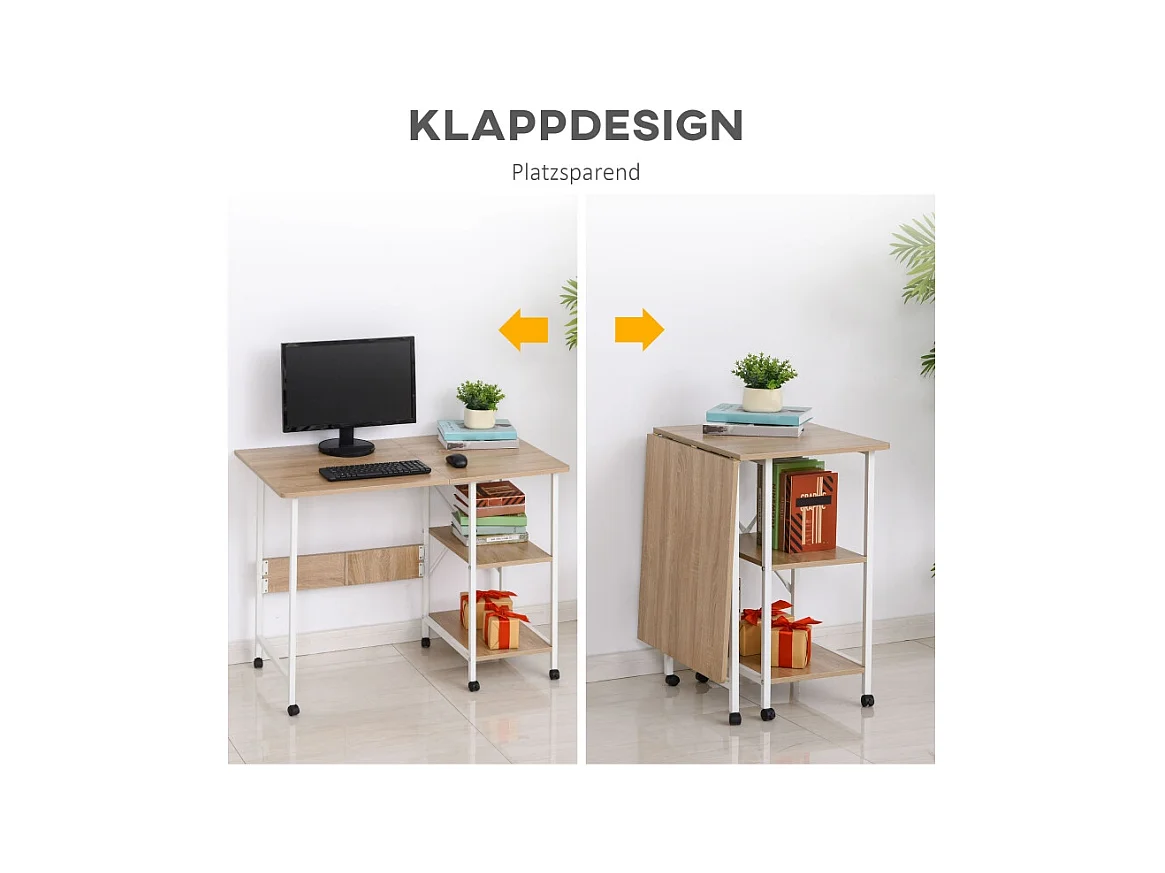 Table pliante mobile, avec étagère, MDF, naturel, 107x55x76 cm, avec roulettes, pour bureau et espace de travail