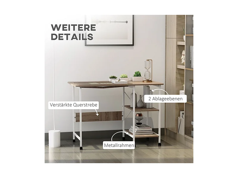 Table pliante mobile, avec étagère, MDF, naturel, 107x55x76 cm, avec roulettes, pour bureau et espace de travail