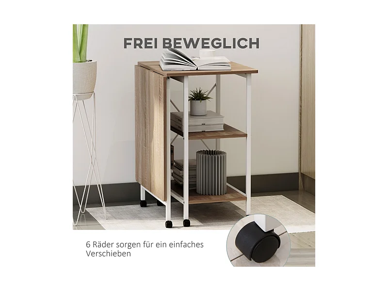 Table pliante mobile, avec étagère, MDF, naturel, 107x55x76 cm, avec roulettes, pour bureau et espace de travail