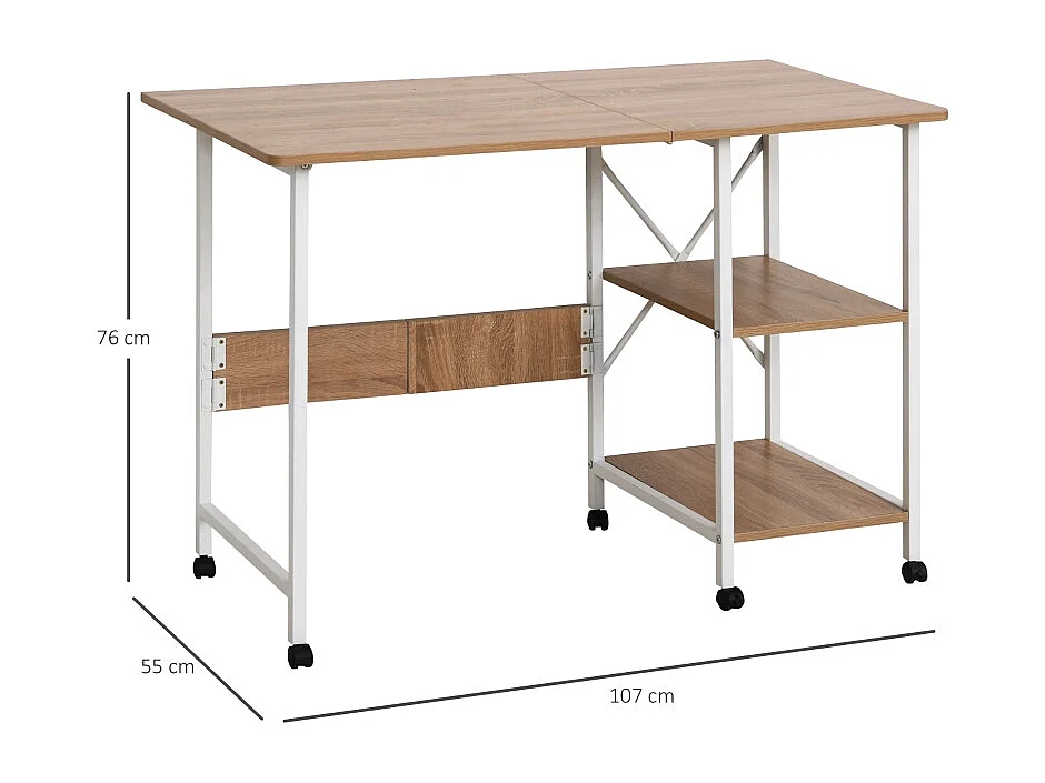 Table pliante mobile, avec étagère, MDF, naturel, 107x55x76 cm, avec roulettes, pour bureau et espace de travail