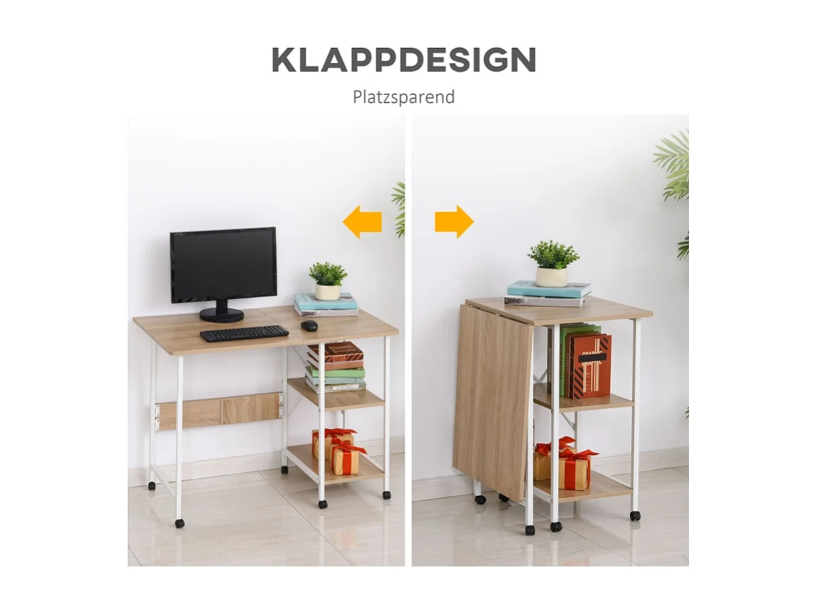 Table pliante mobile, avec étagère, MDF, naturel, 107x55x76 cm, avec roulettes, pour bureau et espace de travail