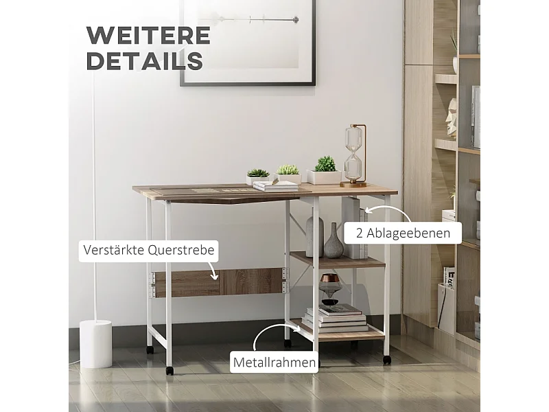 Table pliante mobile, avec étagère, MDF, naturel, 107x55x76 cm, avec roulettes, pour bureau et espace de travail