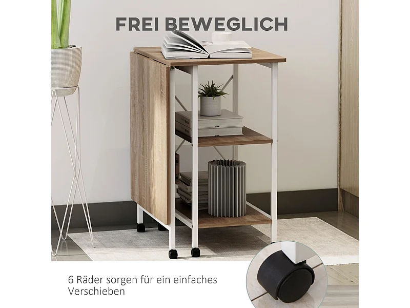 Table pliante mobile, avec étagère, MDF, naturel, 107x55x76 cm, avec roulettes, pour bureau et espace de travail