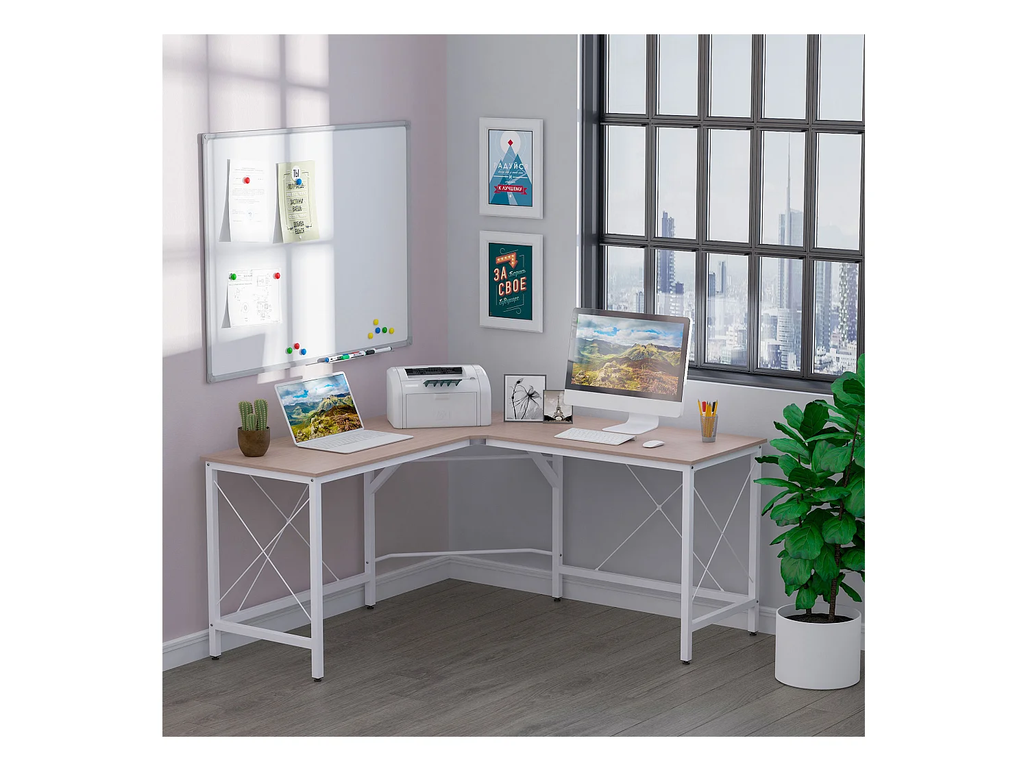 Bureau d'angle L-forme, MDF, couleur naturelle (150x150x76 cm)