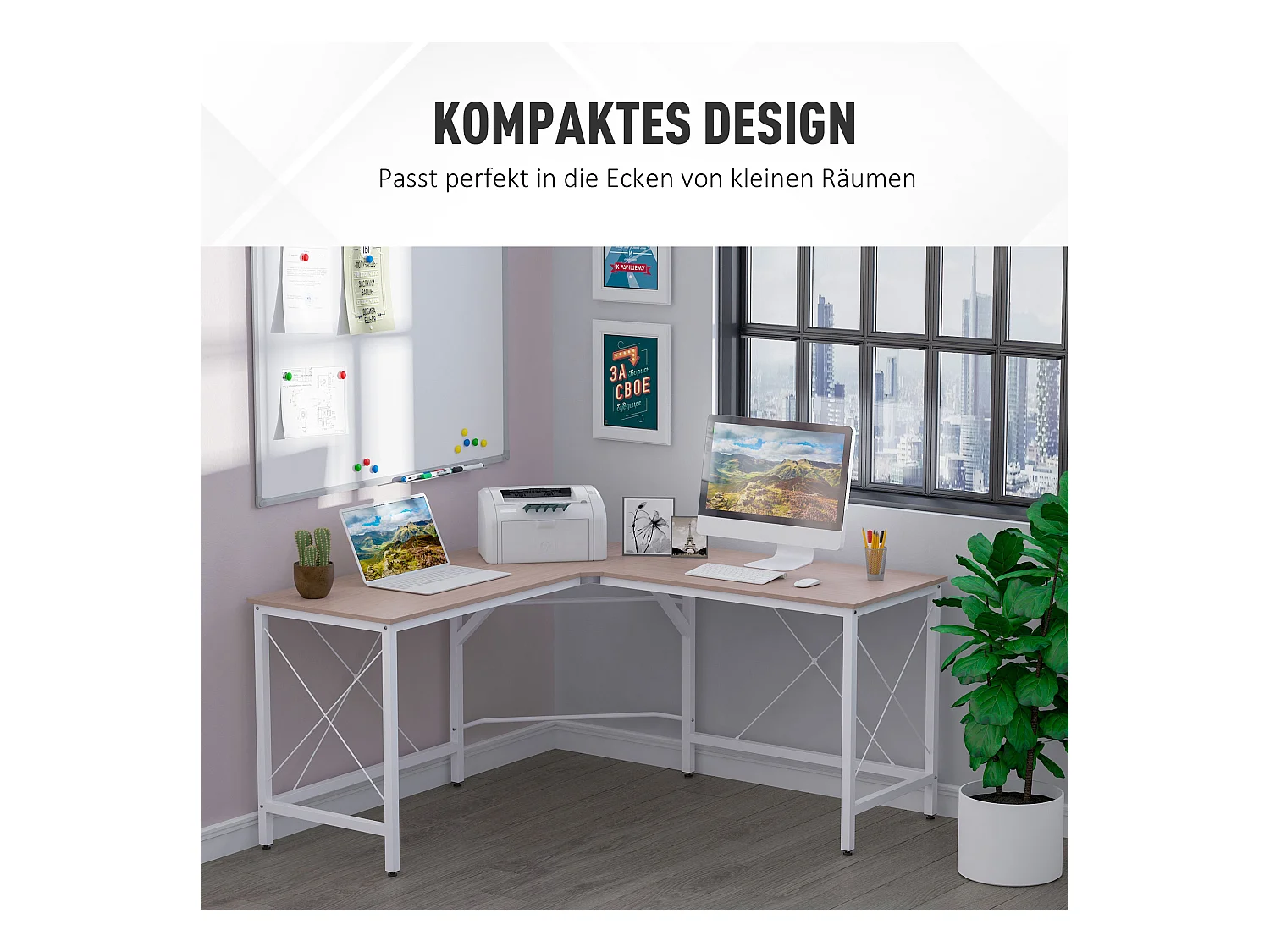 Bureau d'angle L-forme, MDF, couleur naturelle (150x150x76 cm)