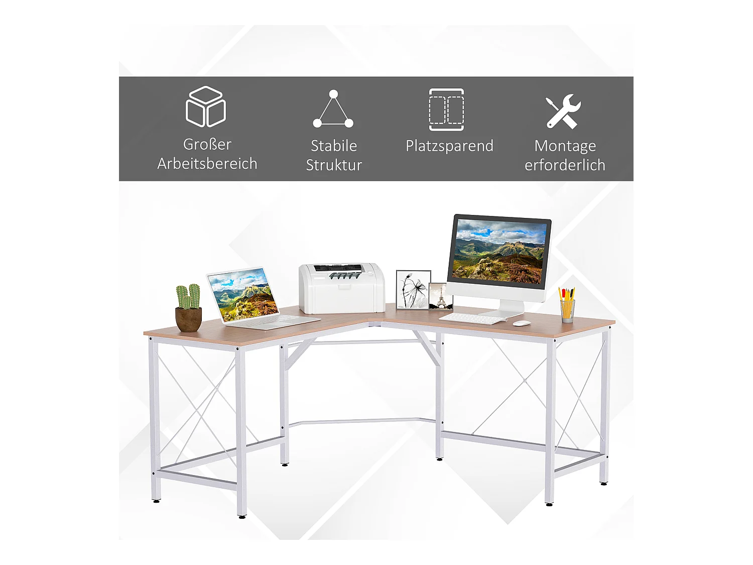 Bureau d'angle L-forme, MDF, couleur naturelle (150x150x76 cm)