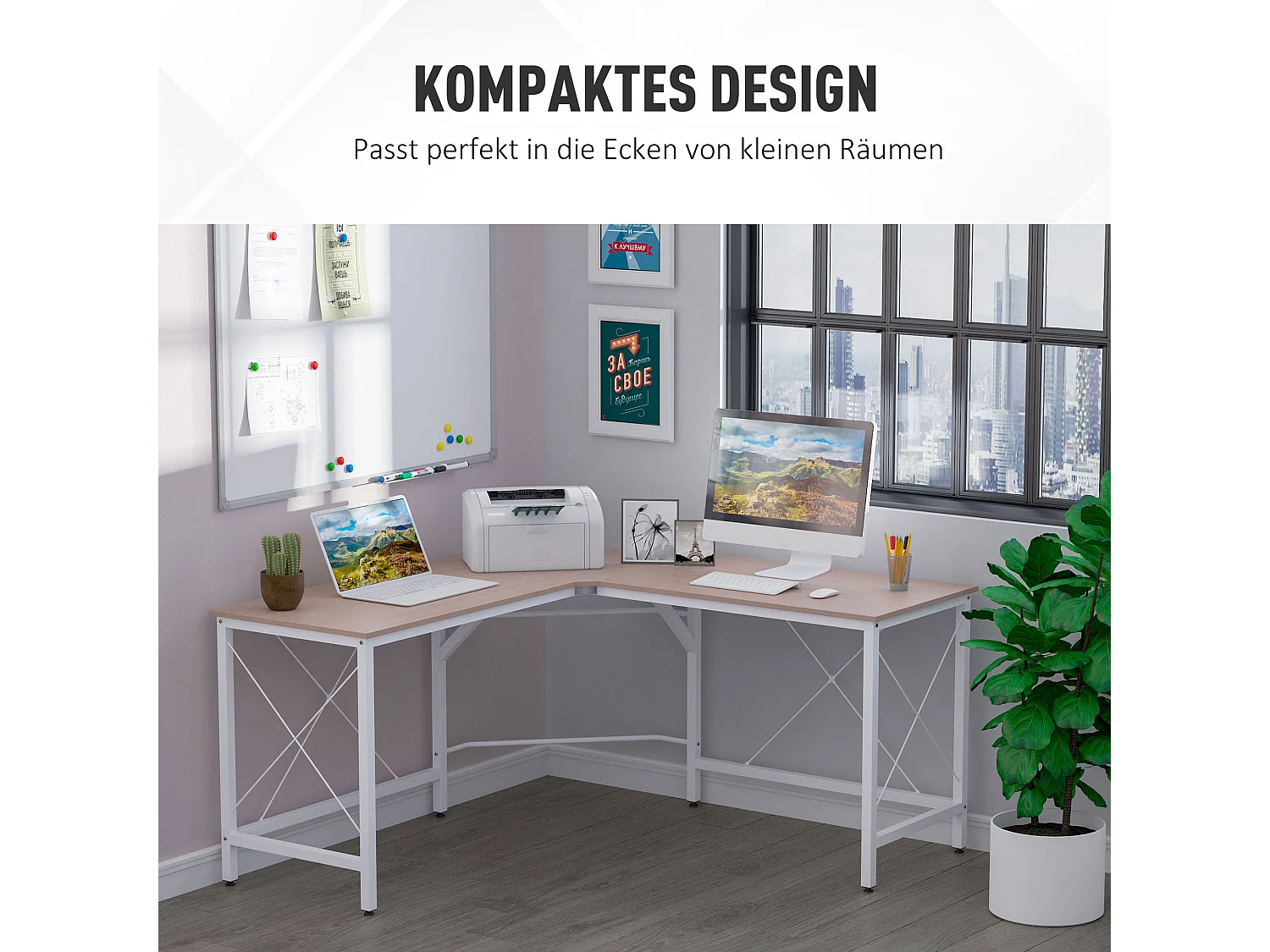 Bureau d'angle L-forme, MDF, couleur naturelle (150x150x76 cm)