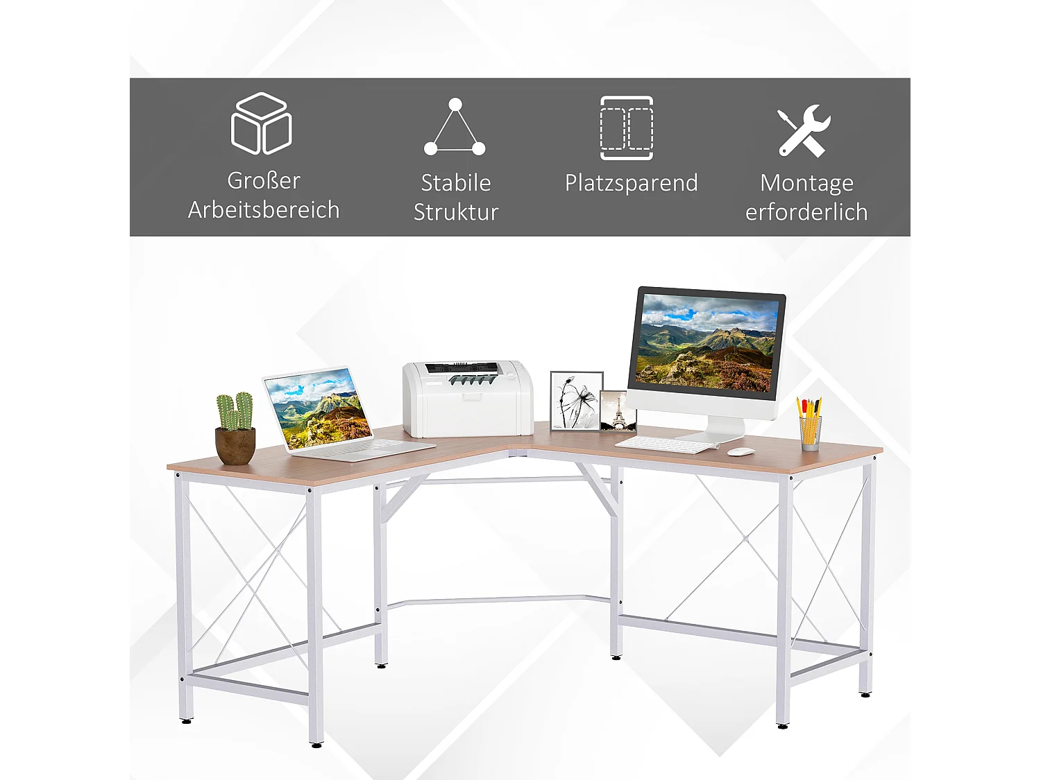 Bureau d'angle L-forme, MDF, couleur naturelle (150x150x76 cm)