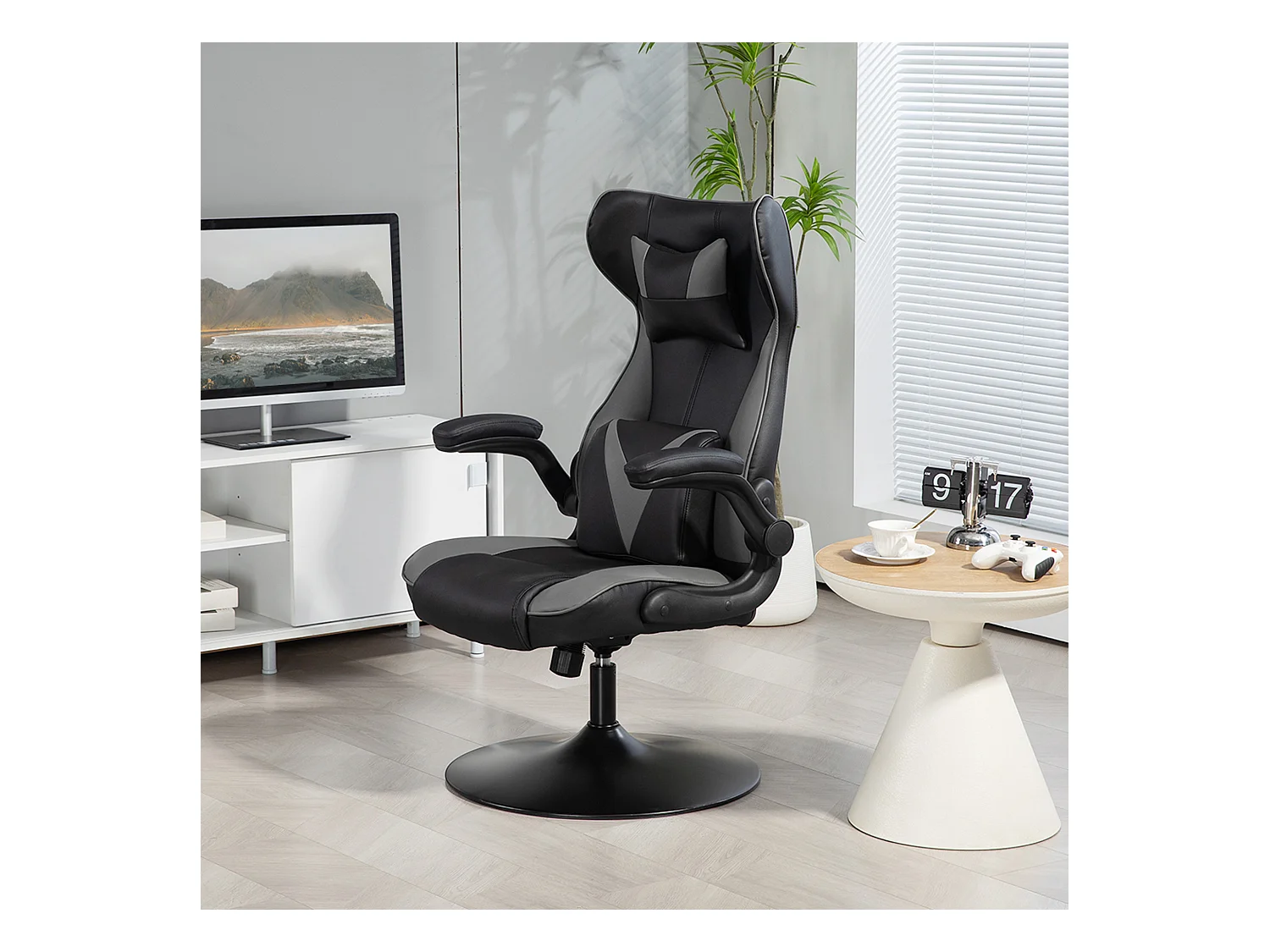 Chaise de gaming ergonomique, avec fonction basculante, en cuir synthétique, noir et gris, (67x75x106-112 cm)