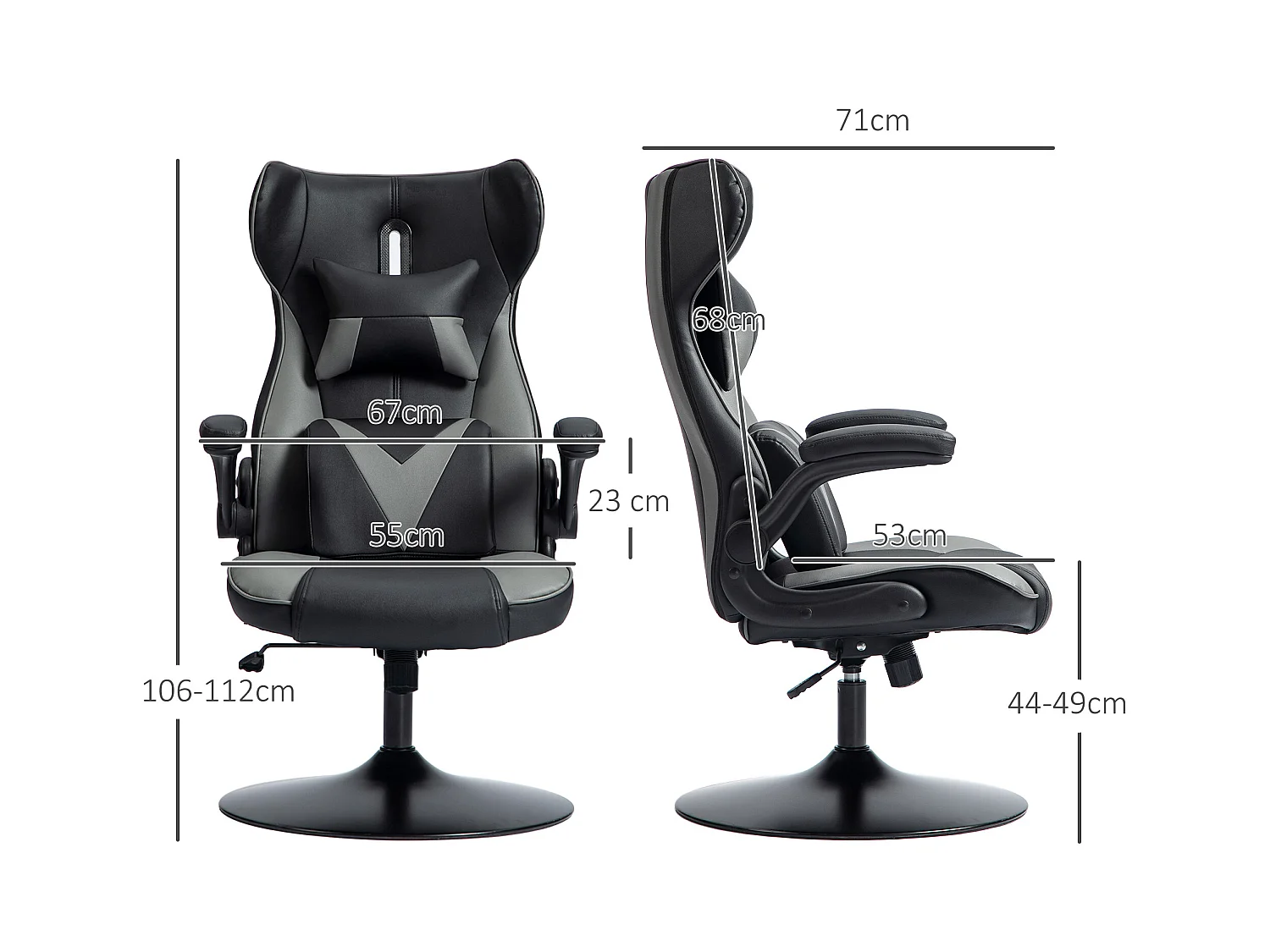 Chaise de gaming ergonomique, avec fonction basculante, en cuir synthétique, noir et gris, (67x75x106-112 cm)