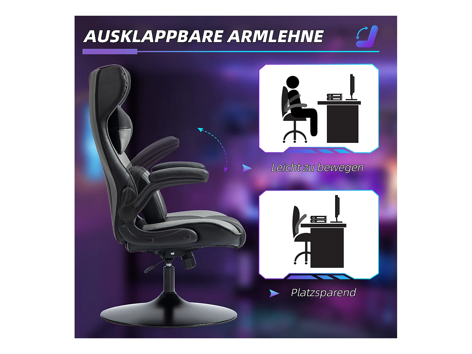 Chaise de gaming ergonomique, avec fonction basculante, en cuir synthétique, noir et gris, (67x75x106-112 cm)